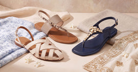 Three best-selling flat sandals for girls by Essence by Rubina arranged on white marble — Elara, Zenvia and Criss Cross sandal designs Pakistan 2026