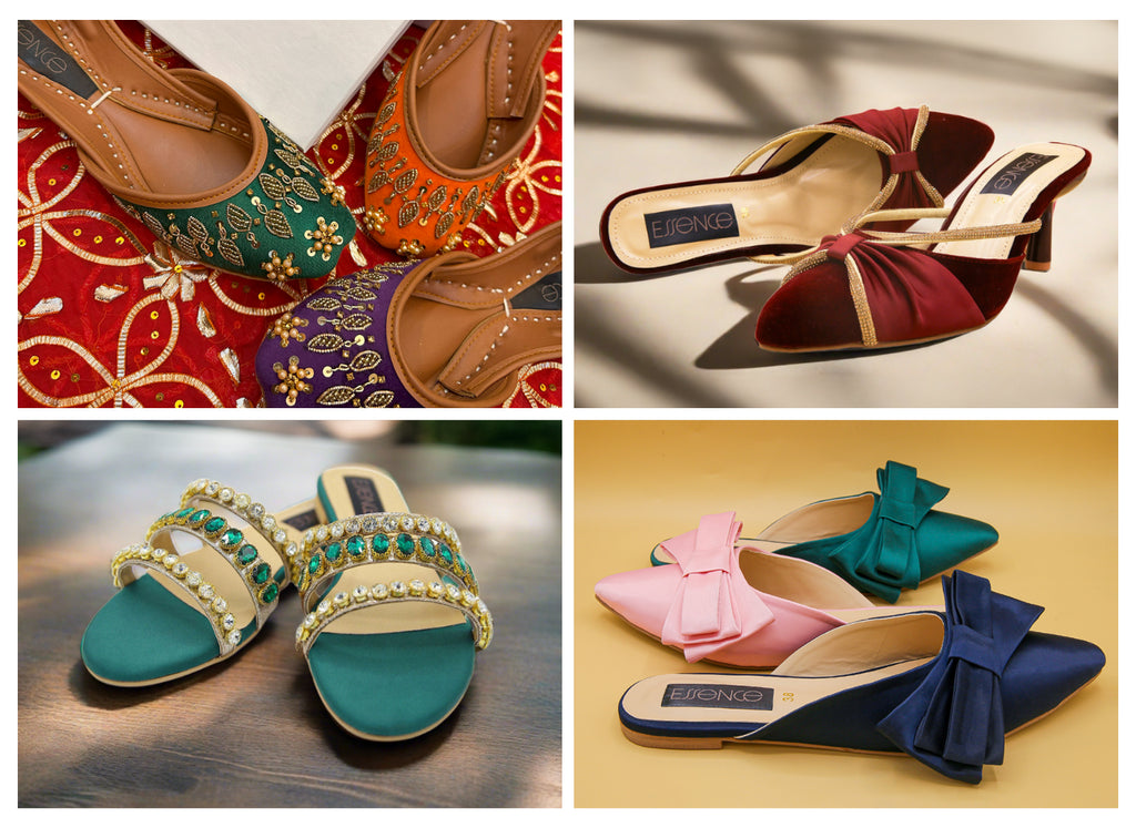 Flat lays of women's khussas, heels, and flats โ Essence by Rubina essentials