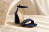Navy blue block heel sandal with crystal embellished strap and ankle buckle