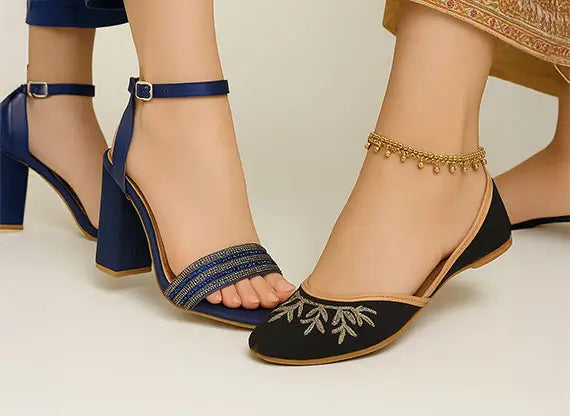 Side-by-side of block heels and khussas – Essence by Rubina day event styling