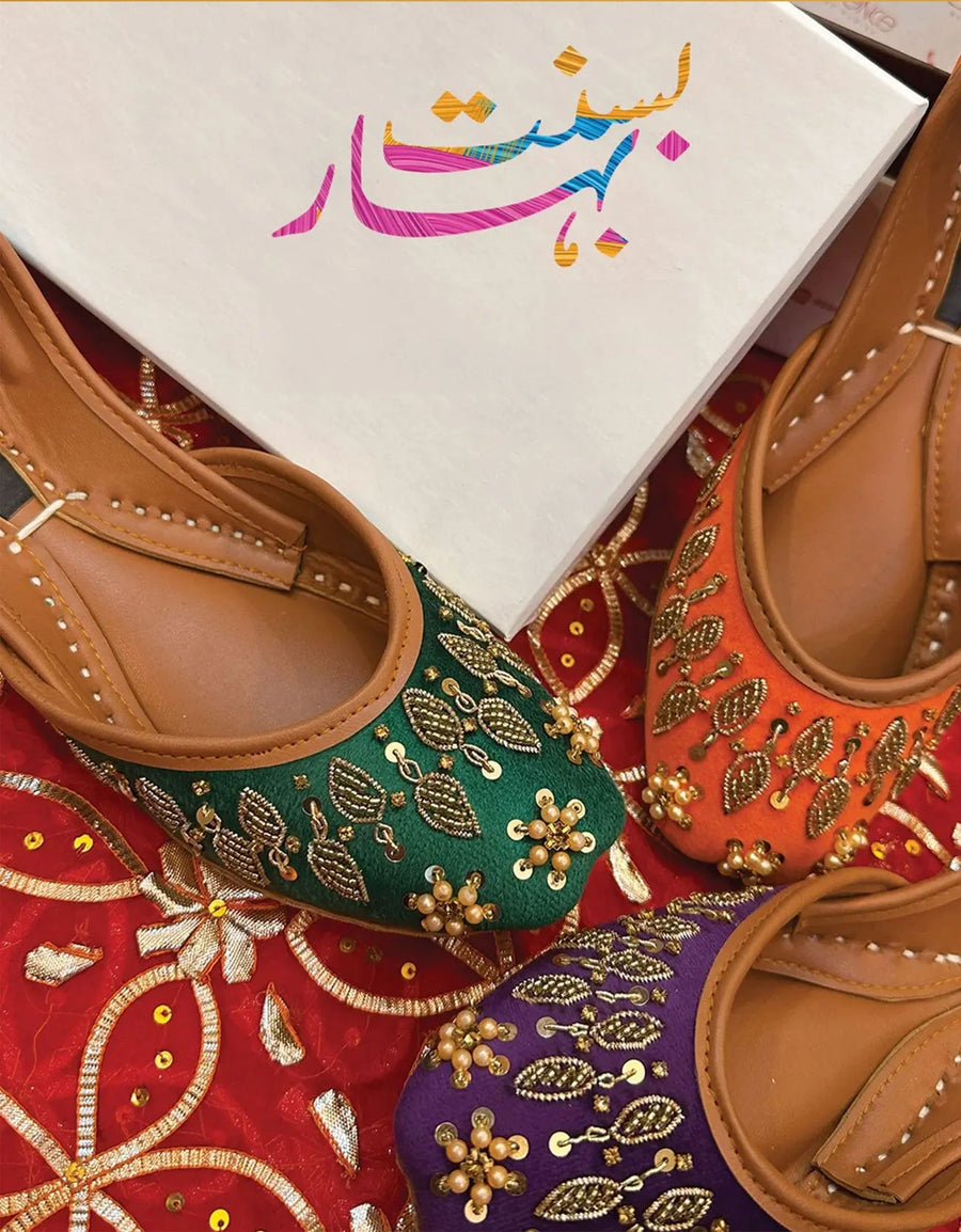 Colorful handcrafted khussas from Essence by Rubina’s Basant Bahar collection inspired by spring celebrations.