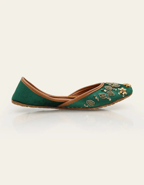 Banafsha Green Leather Khussa with Hand Embroidery – Essence by Rubina