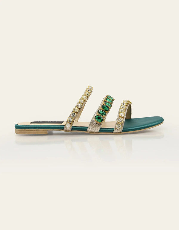 Jewel Green Embellished Triple-Strap Flat Sandals – Essence by Rubina