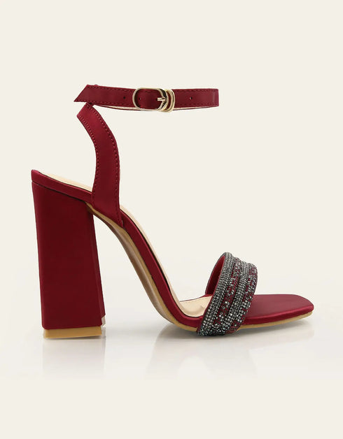 Stellar Maroon Block Heels with Beaded Strap – Essence by Rubina