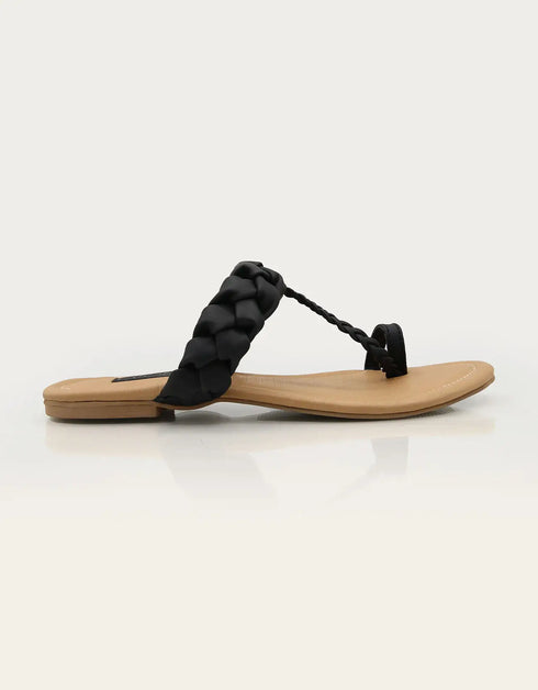Noir Black Braided Flat Sandals with Toe Loop β Essence by Rubina