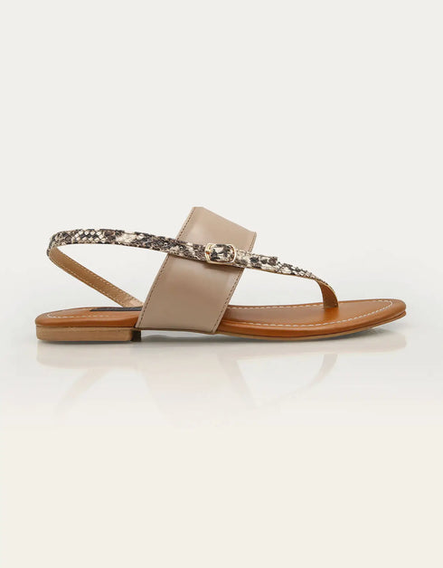 Elara Beige Flat Sandals with Snake Textured T-Strap – Essence by Rubina