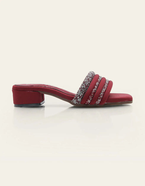 Rouzelle Maroon Block Heels with Glitter Triple Straps – Essence by Rubina