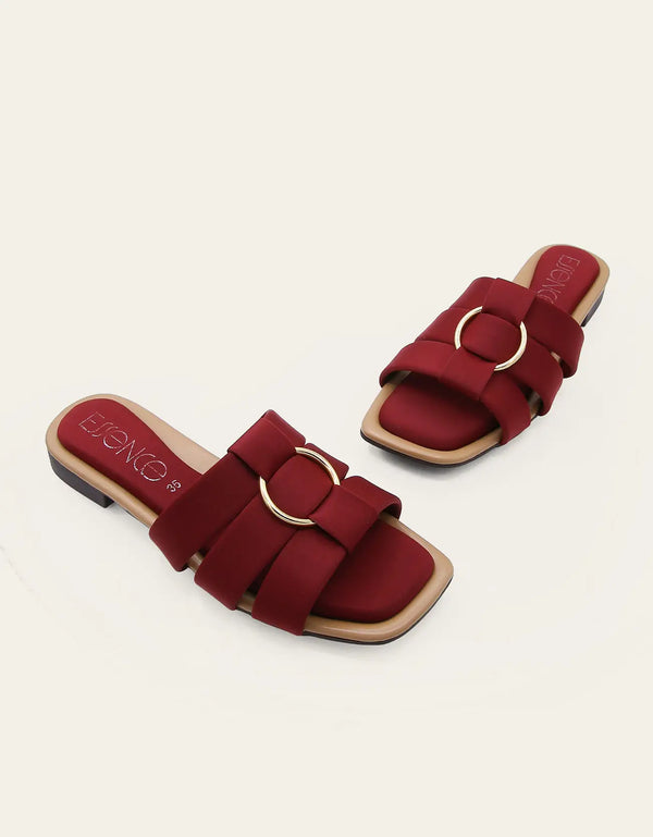 Marveta maroon flats with triple cushioned straps and gold ring – Essence by Rubina