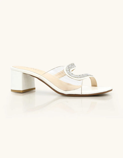 Dazzle White Block Heels with Clear Crystal Strap – Essence by Rubina