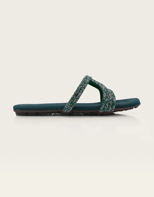 Verlina Green Beaded Flats with Crossover Straps – Essence by Rubina