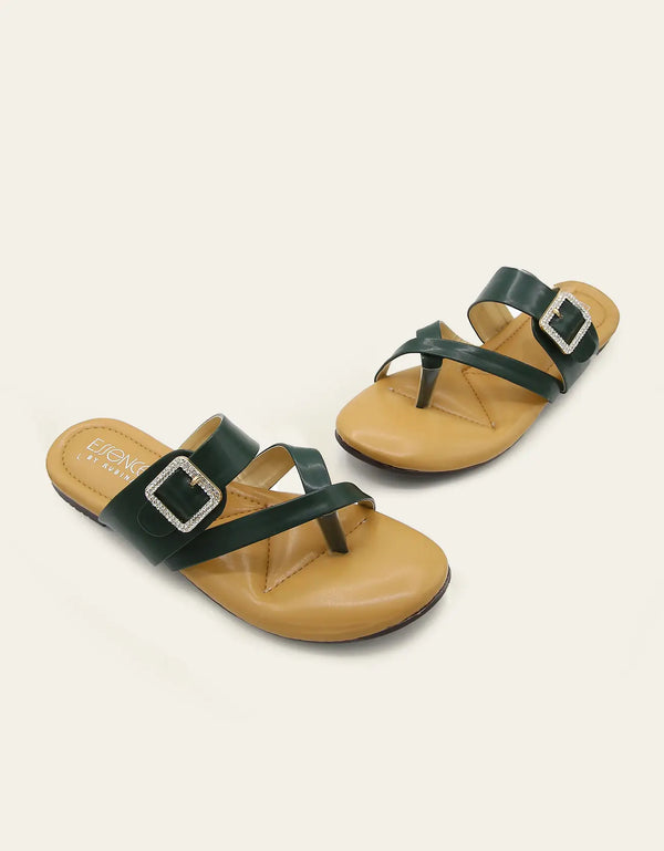 Stravia buckle flats in deep green with tan base – Essence by Rubina