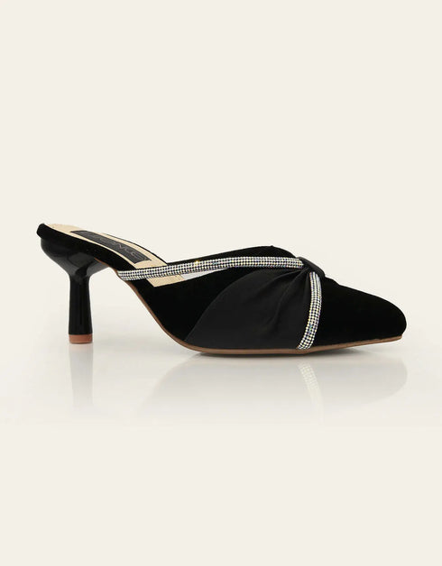 Éclat Elegance Black Satin Pointed Heels with Silver Crystal Trim – Essence by Rubina