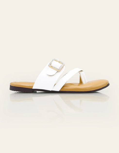 White Stravia criss-cross flats with jeweled buckle