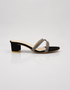 Black embellished low block heel slippers for women with shimmering cross strap design and soft padded comfort.