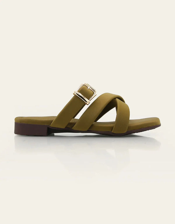 Crosvia olive green flats with crossover padded straps and gold buckle – Essence by Rubina