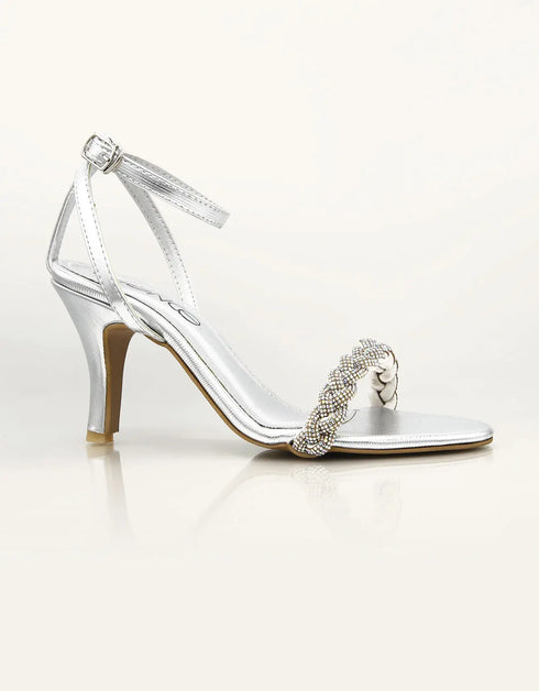 Aura Silver Heels with Braided Crystal Strap – Essence by Rubina