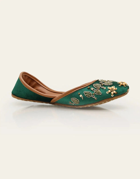Banafsha Green Leather Khussa with Hand Embroidery – Essence by Rubina