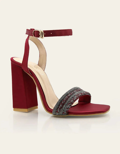 Stellar Maroon Block Heels with Beaded Strap – Essence by Rubina