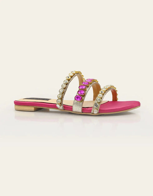 Jewel Pink Embellished Triple-Strap Flat Sandals – Essence by Rubina