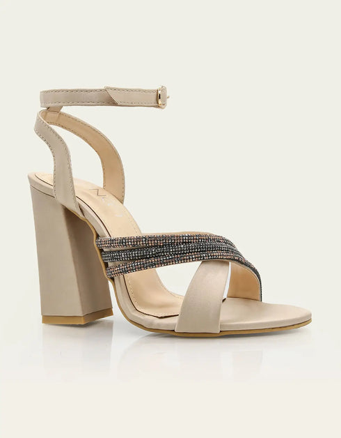 Celestina Nude Block Heels with Glitter Crossover and Ankle Strap – Essence by Rubina