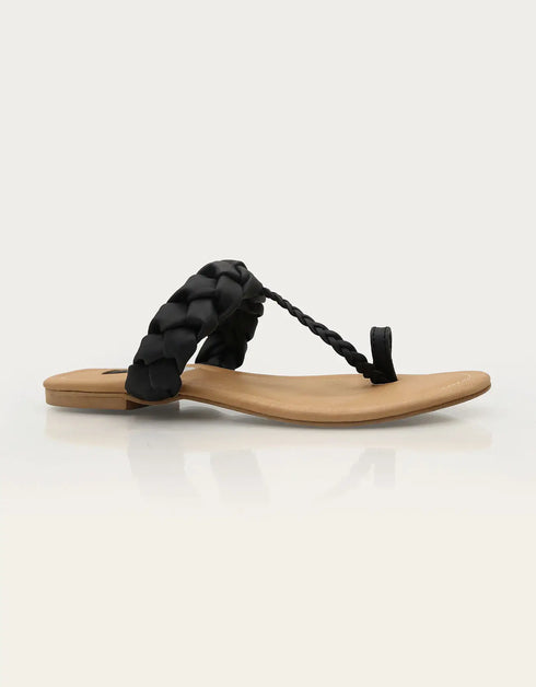Noir Black Braided Flat Sandals with Toe Loop β Essence by Rubina