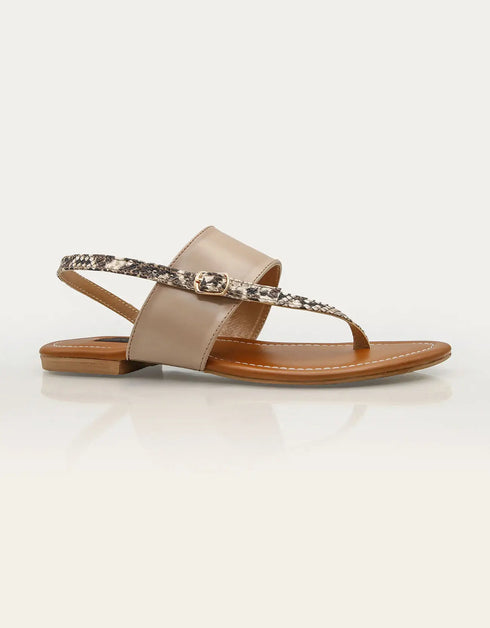 Elara Beige Flat Sandals with Snake Textured T-Strap – Essence by Rubina