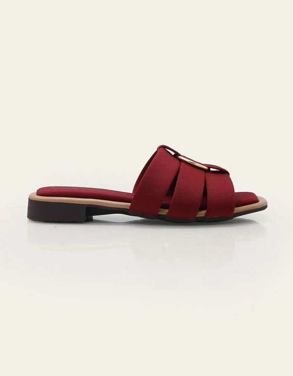 Marveta maroon flats with triple cushioned straps and gold ring – Essence by Rubina