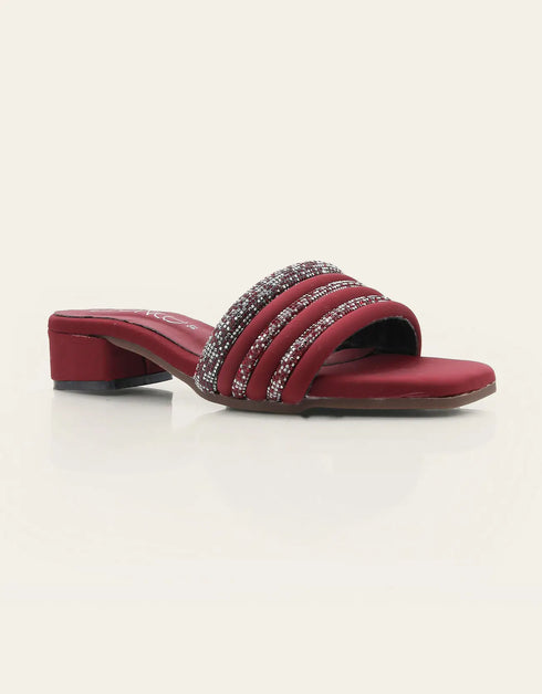 Rouzelle Maroon Block Heels with Glitter Triple Straps – Essence by Rubina