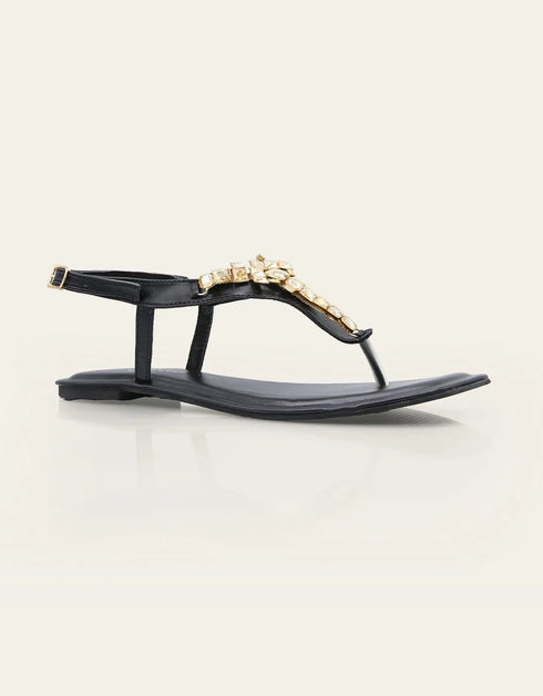 Zenvia Black T-Strap Sandals with Squarish Crystals – Essence by Rubina