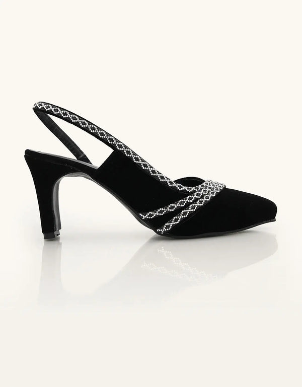 Twilight Black Pointed-Toe Slingback Heels with Crystal Detailing – Essence by Rubina