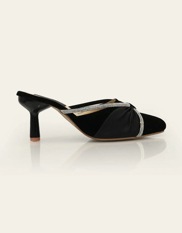 Éclat Elegance Black Satin Pointed Heels with Silver Crystal Trim – Essence by Rubina