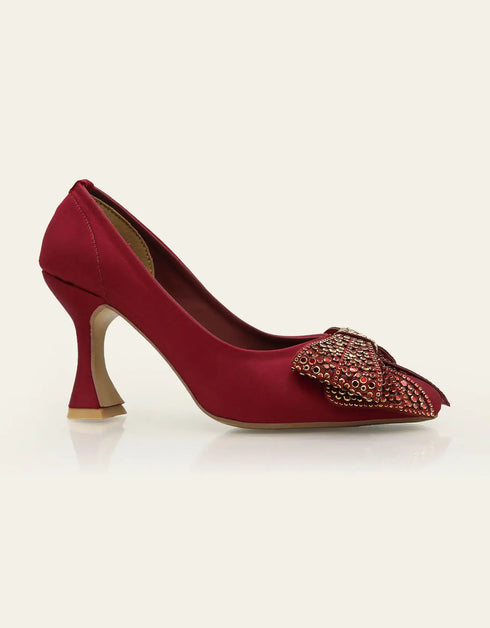 Bella Maroon Closed-Toe Heels with Embellished Bow – Essence by Rubina
