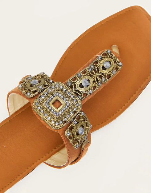 Vermira – Tan embellished Kolhapuri flats with golden buckle design by Essence by Rubina