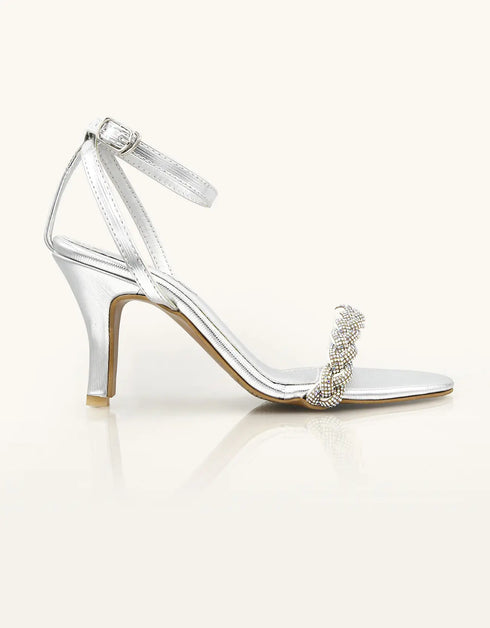 Aura Silver Heels with Braided Crystal Strap – Essence by Rubina