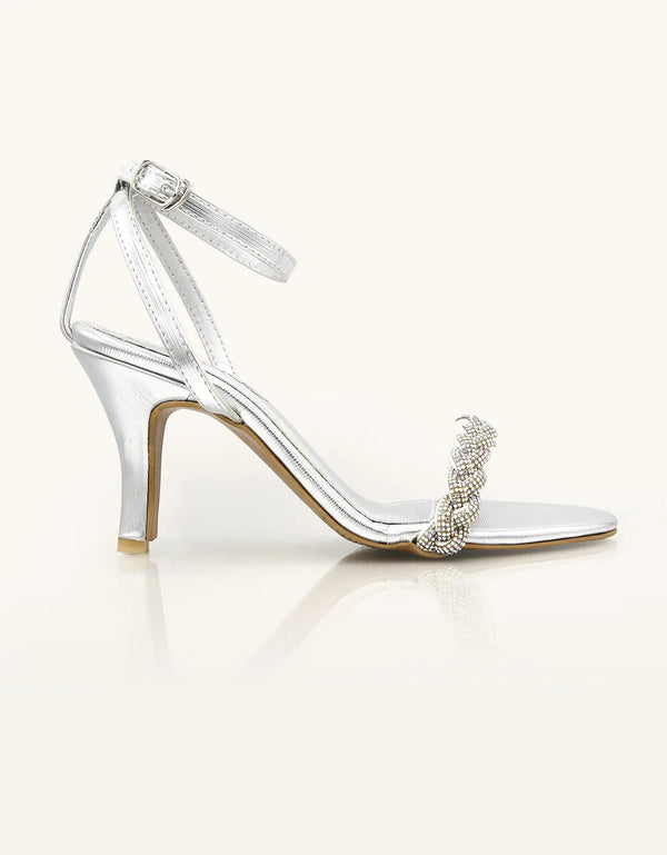 Aura Silver Heels with Braided Crystal Strap – Essence by Rubina