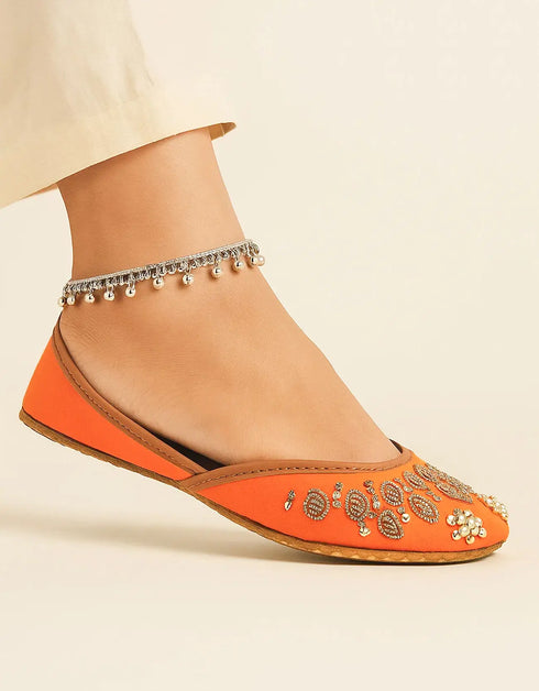 Banafsha Orange Leather Khussa with Hand Embroidery – Essence by Rubina