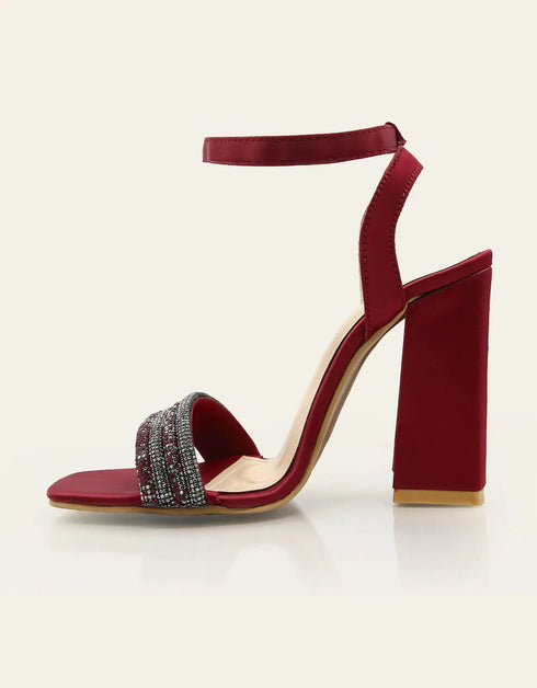 Stellar Maroon Block Heels with Beaded Strap – Essence by Rubina