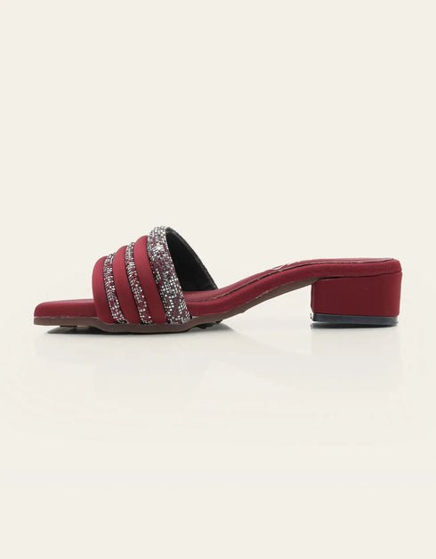 Rouzelle Maroon Block Heels with Glitter Triple Straps – Essence by Rubina