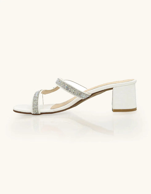 Dazzle White Block Heels with Clear Crystal Strap – Essence by Rubina
