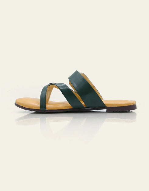 Stravia buckle flats in deep green with tan base – Essence by Rubina