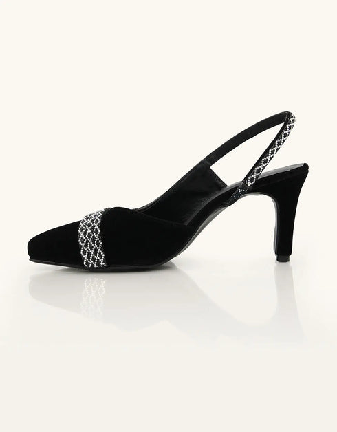 Twilight Black Pointed-Toe Slingback Heels with Crystal Detailing – Essence by Rubina