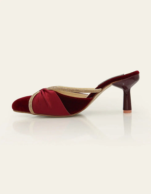 Éclat Elegance Maroon Satin Pointed Heels with Gold Piping – Essence by Rubina