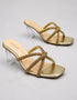 Auryn gold rhinestone block heel sandals for women with crystal cross straps by Essence by Rubina Pakistan