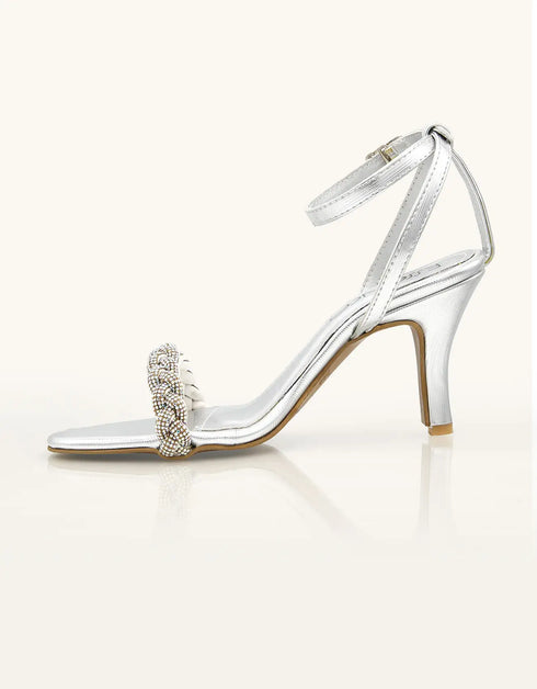 Aura Silver Heels with Braided Crystal Strap – Essence by Rubina