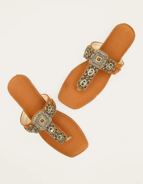 Vermira – Tan embellished Kolhapuri flats with golden buckle design by Essence by Rubina