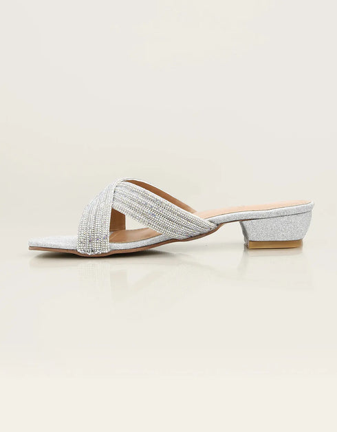 Celesta Silver Block Heels with Glitter Crossover Straps – Essence by Rubina