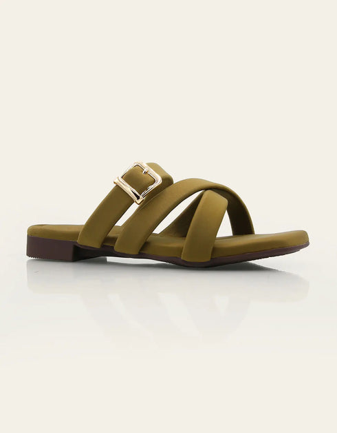Crosvia olive green flats with crossover padded straps and gold buckle – Essence by Rubina