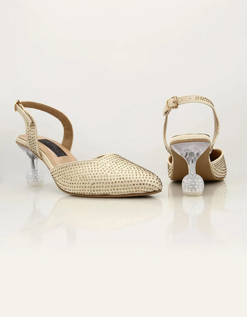 Golden Glitz Pointed Slingback Heels with Crystal Heel – Essence by Rubina