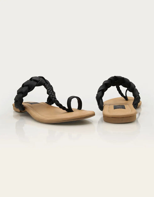 Noir Black Braided Flat Sandals with Toe Loop β Essence by Rubina