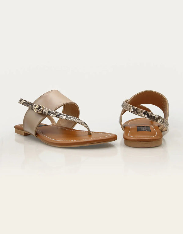 Elara Beige Flat Sandals with Snake Textured T-Strap – Essence by Rubina